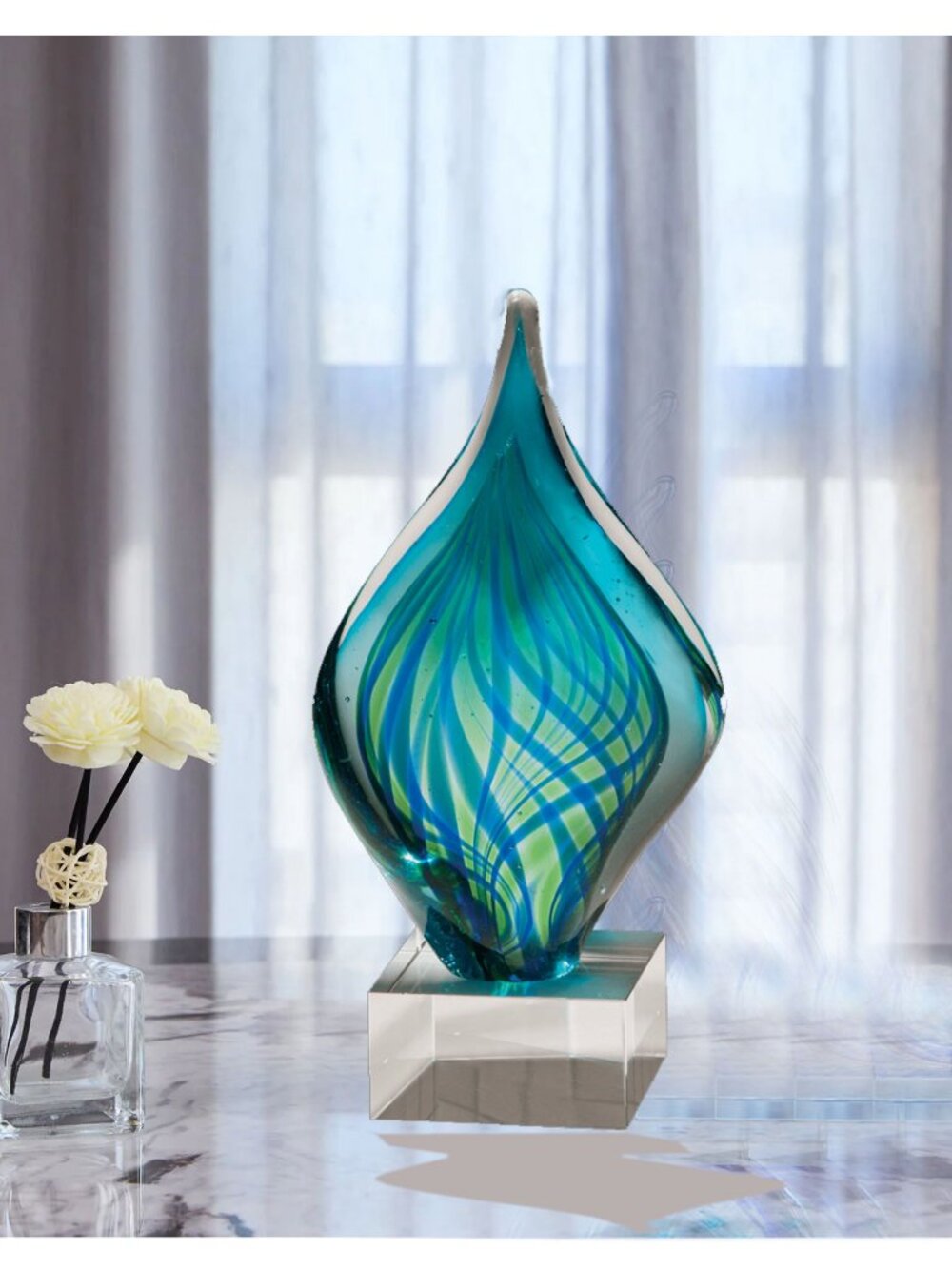 8 3/4" Blue and Green Twist Art Glass on Clear Glass FREE shipping
